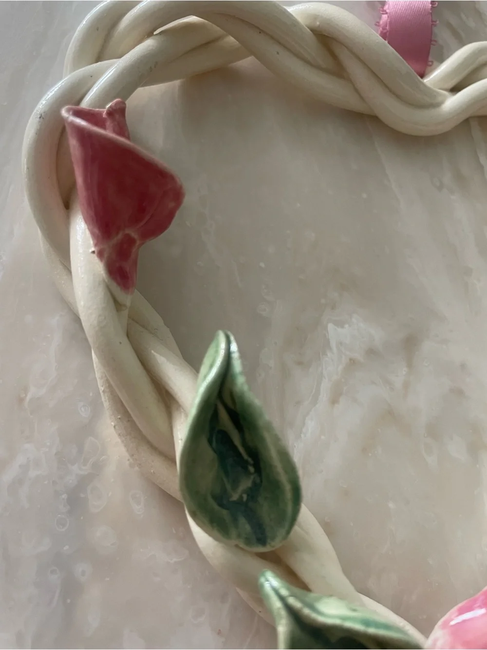Pottery Ceramic Braided Heart Lily Pink Flowers Green Leaves Ribbon Hanging